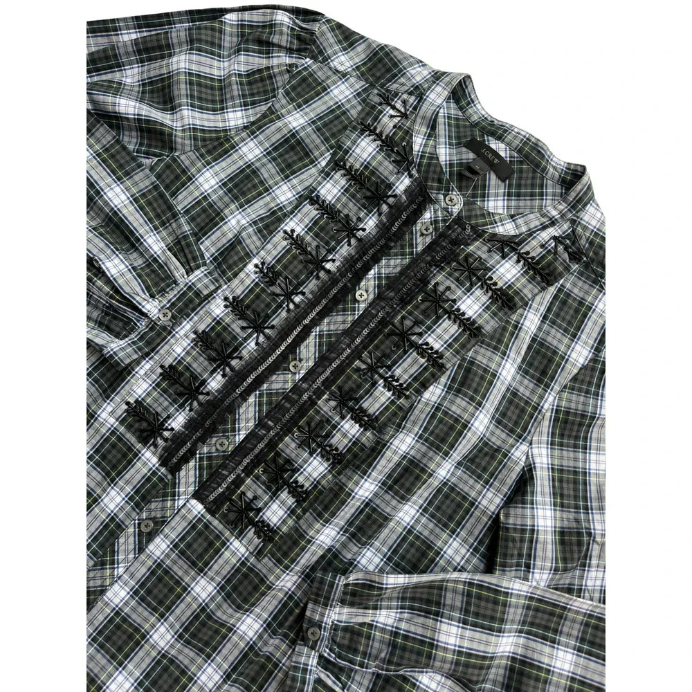 J Crew Plaid Embroidered Shirt Womens M Green Black Button Down Long‎ Sleeve Top